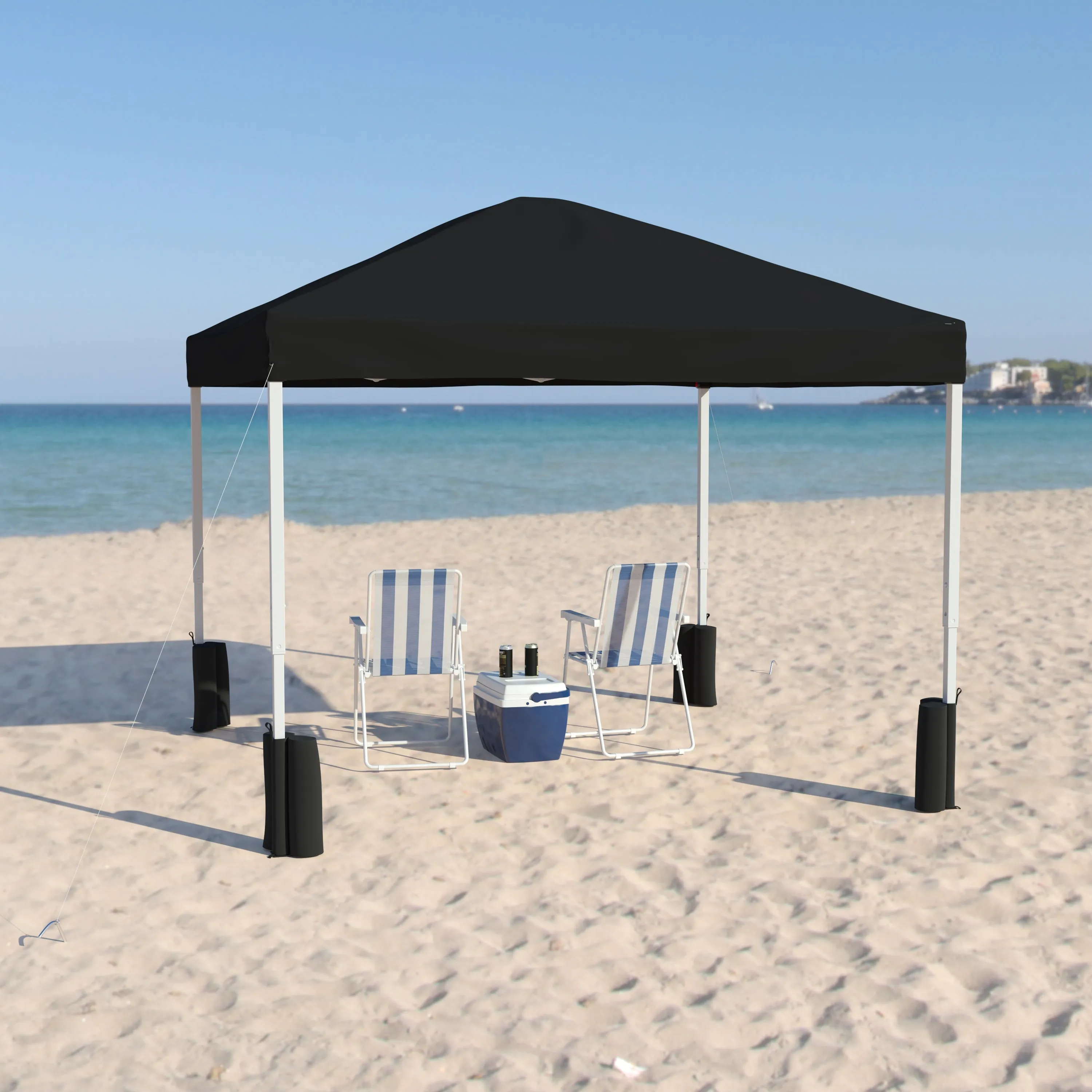 Allyson 10'x10' Black Pop Up Event Straight Leg Canopy Tent w/Sandbags and Wheeled Case