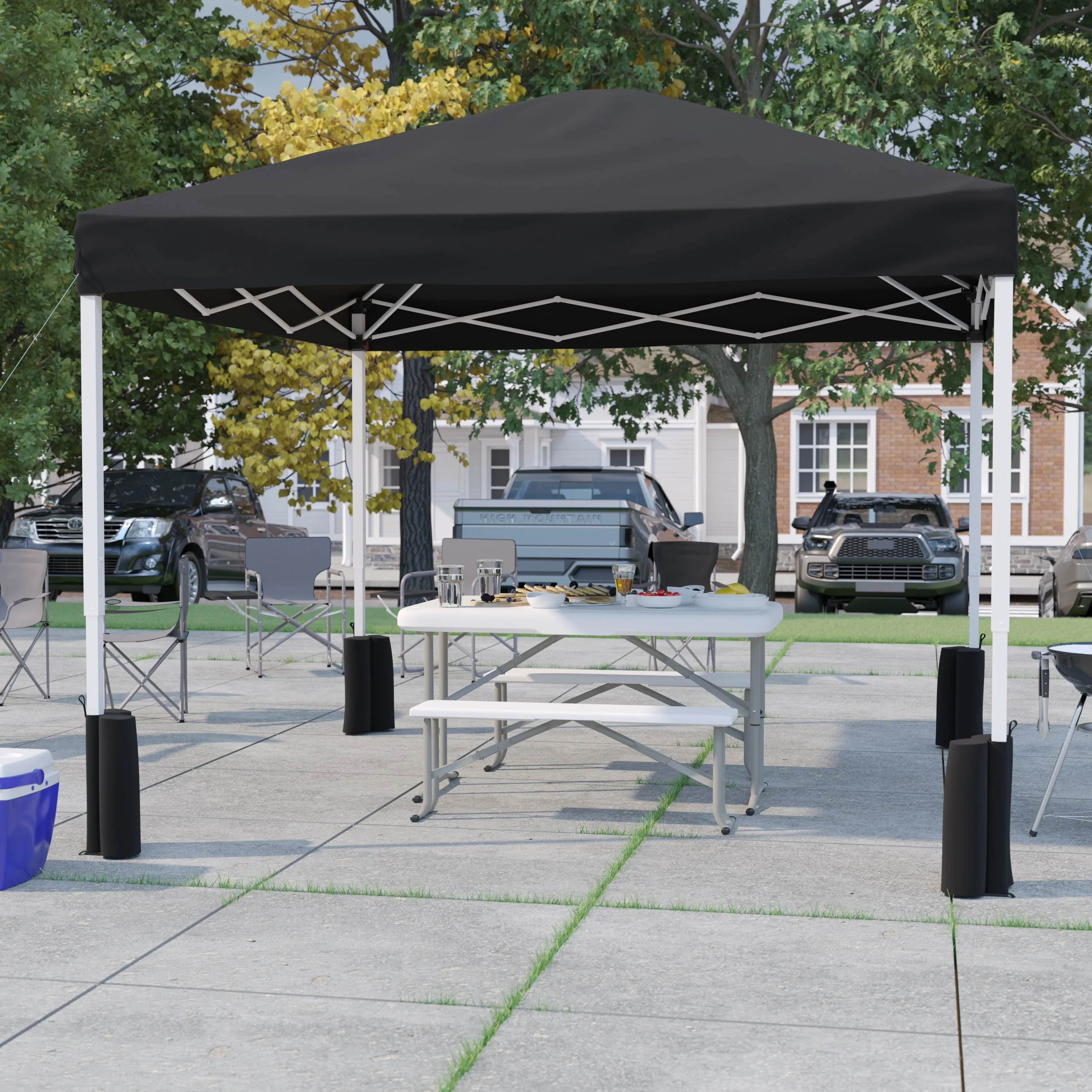 Allyson 10'x10' Black Pop Up Event Straight Leg Canopy Tent w/Sandbags and Wheeled Case