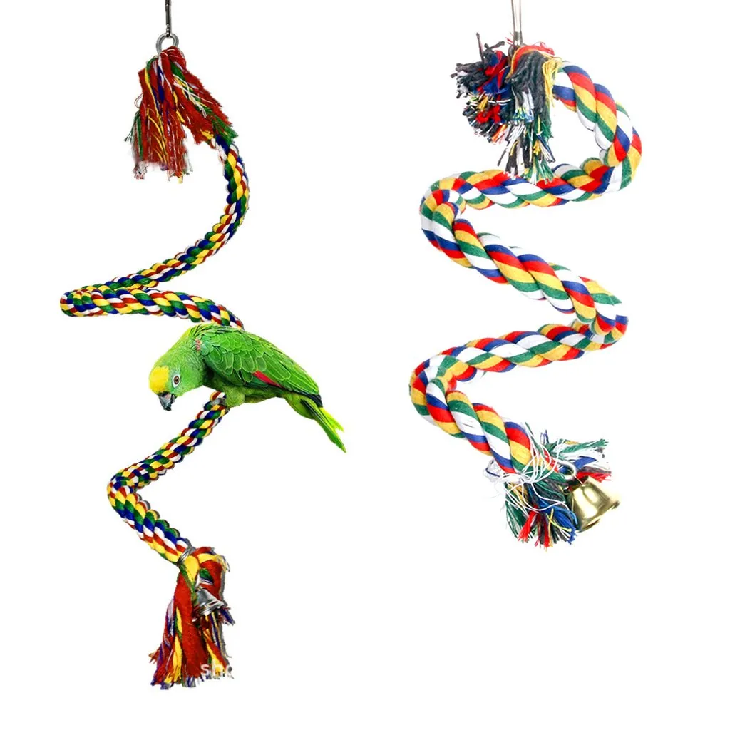 Bird Cotton Rope Swing Perch Chew Toy Parrot Cage Stand with Bell-150CM