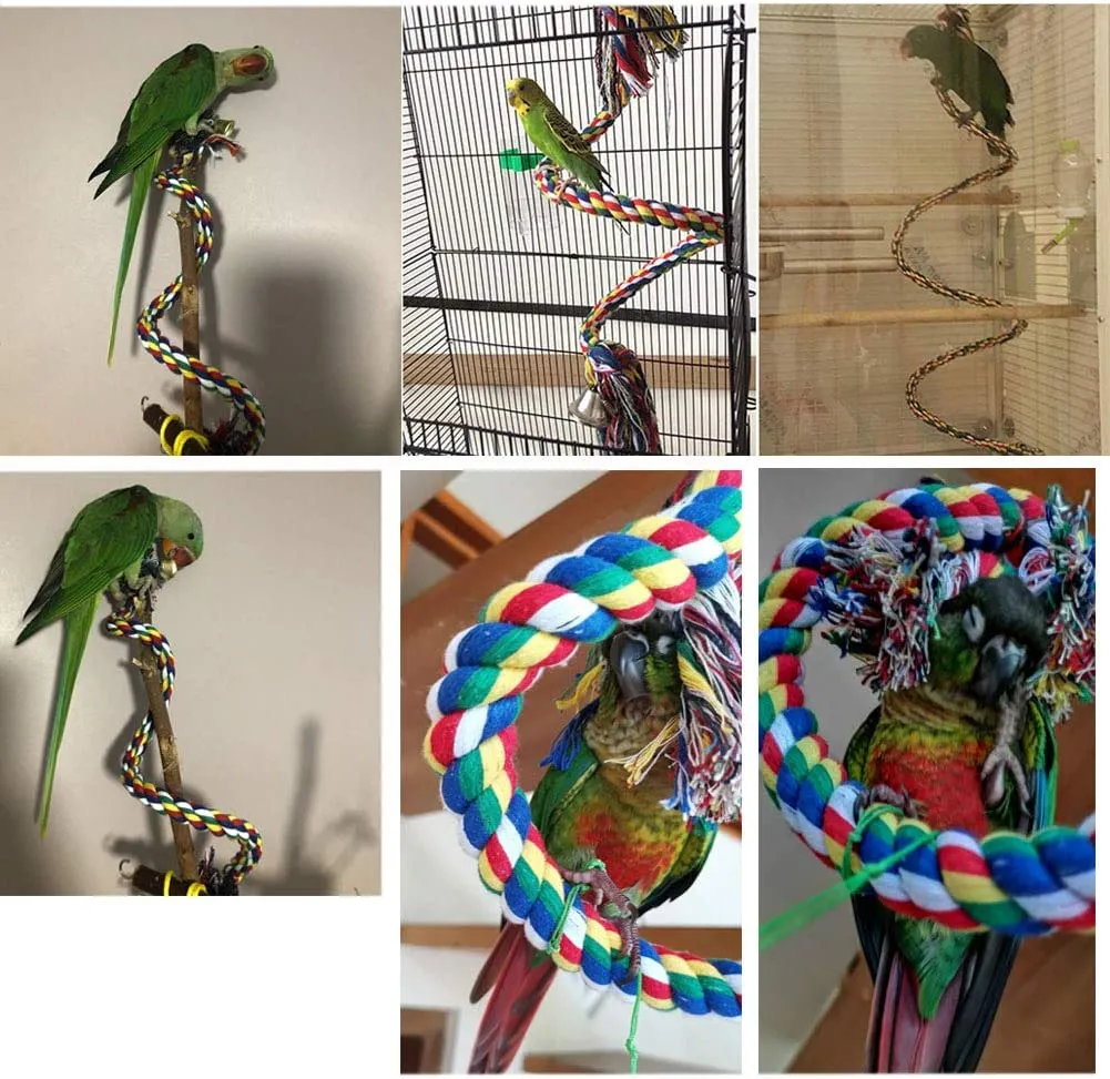 Bird Cotton Rope Swing Perch Chew Toy Parrot Cage Stand with Bell-150CM