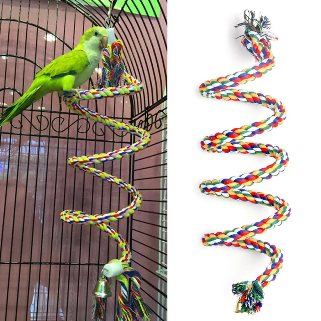 Bird Cotton Rope Swing Perch Chew Toy Parrot Cage Stand with Bell-150CM