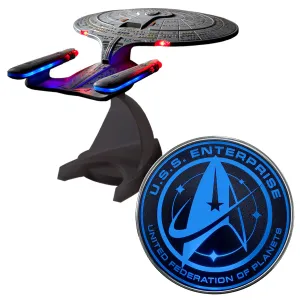 BUNDLE - Star Trek Enterprise 1701-D Bluetooth Speaker, with Enterprise Emblem Illuminated Logo Qi Charger