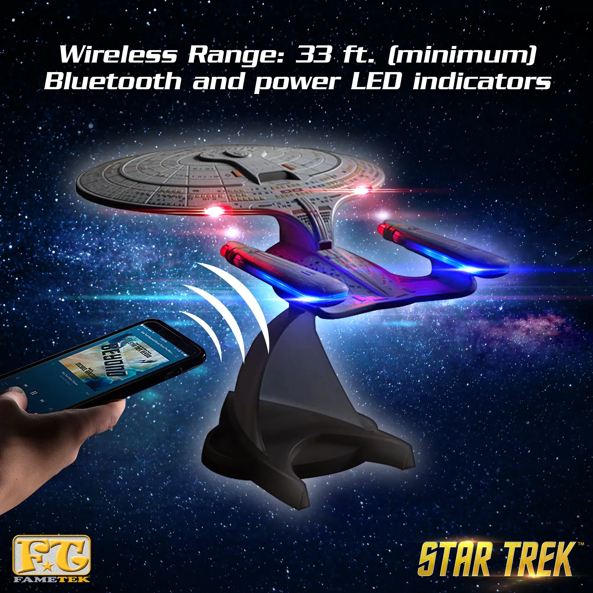 BUNDLE - Star Trek Enterprise 1701-D Bluetooth Speaker, with Enterprise Emblem Illuminated Logo Qi Charger