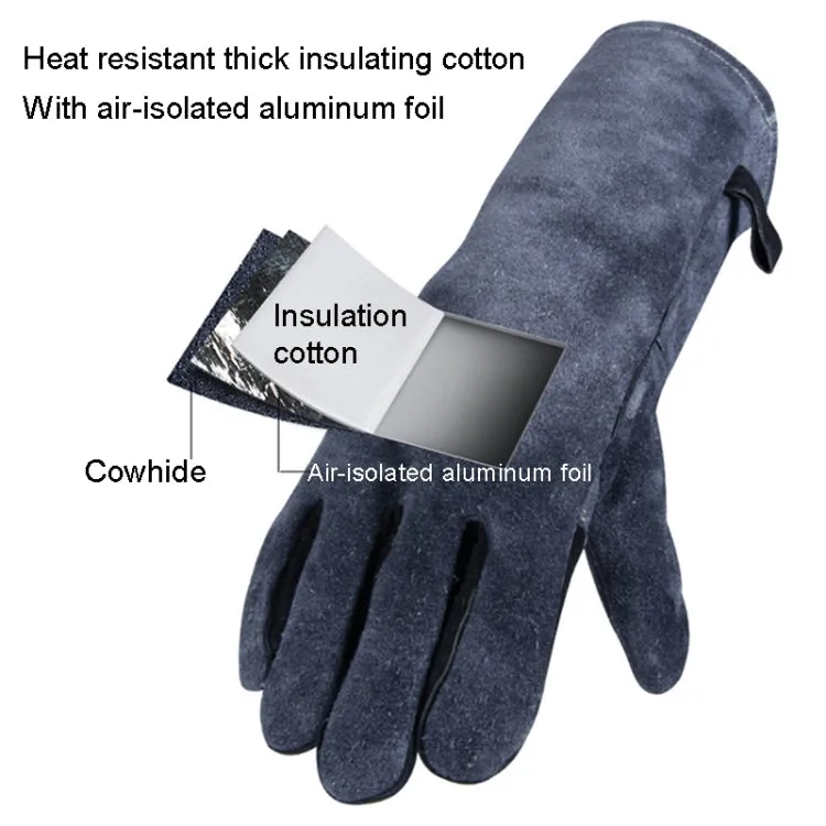 Cowhide BBQ Gloves Thickened Anti-hot Oven Welding Protection Gloves, Specification: A2416 14 inch Gray Black