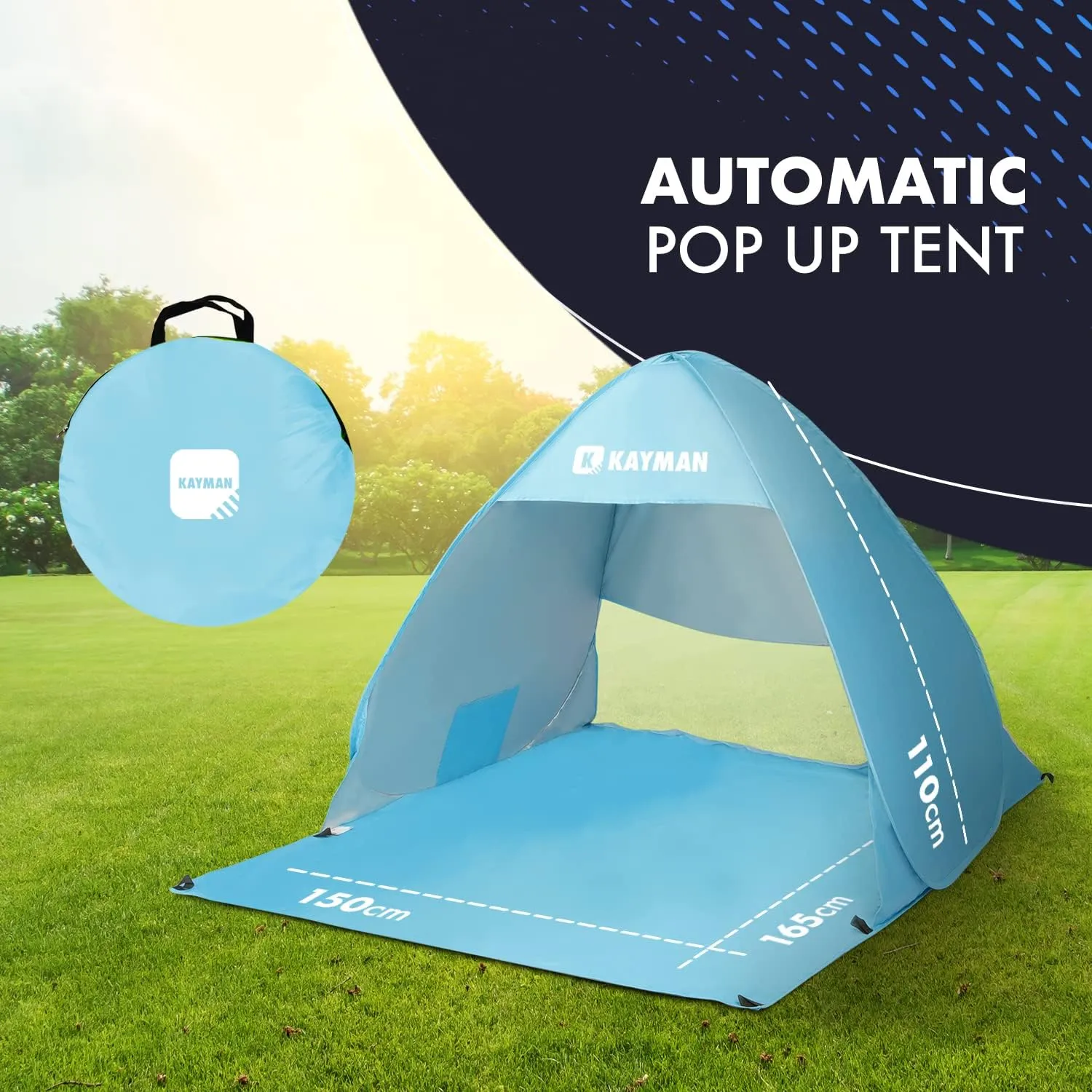 Kayman Pop-Up Beach Tent: UPF 50  UV Protection for 3-4 People with Carrying Bag, Windproof Sun Shelter, Zipper Door, Ideal for Family, Pets, Park, Garden & Beach