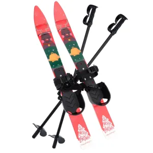 modern Kid Beginner Snow Skis and Poles, Low-Resistant Ski Boards for Age 4 and Under, Lightweight Sturdy Safe Kids Skiing Equipment, with Christmas Themed Pattern, Adjustable Buckle