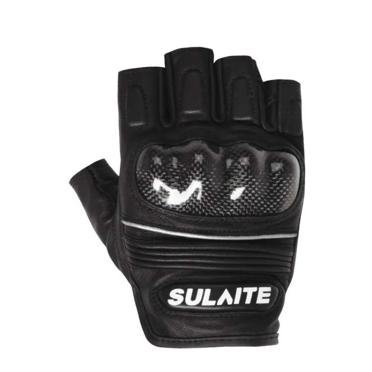 SULAITE Motorcycle Sheepskin Carbon Fiber Breathable Half-finger Riding Gloves, Size: M(Black)