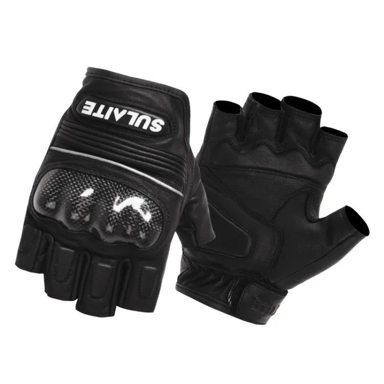 SULAITE Motorcycle Sheepskin Carbon Fiber Breathable Half-finger Riding Gloves, Size: M(Black)