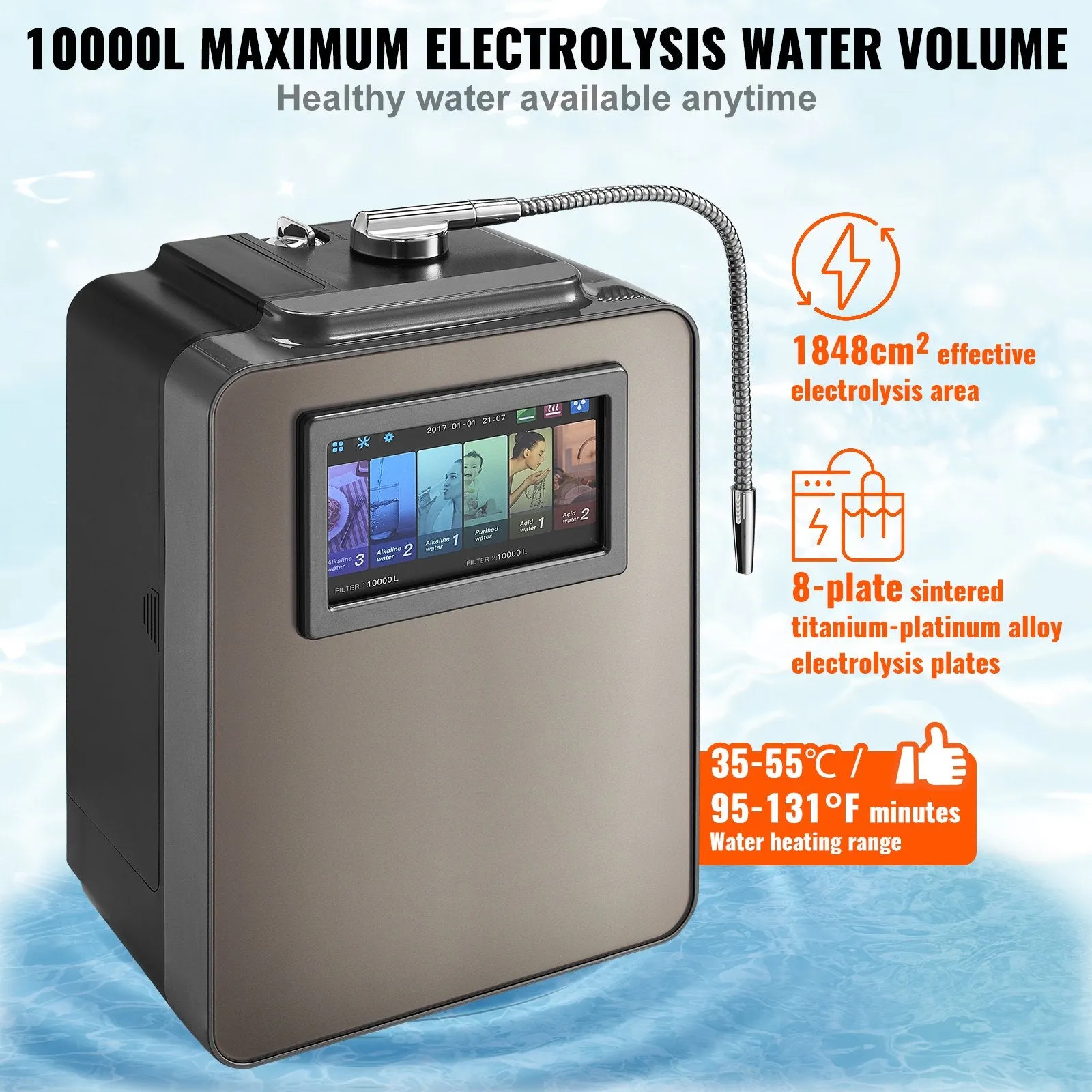 Vevor Water Ionizer Machine Home Alkaline Acidic Filtration 8 Plate 10000L Per Filter New