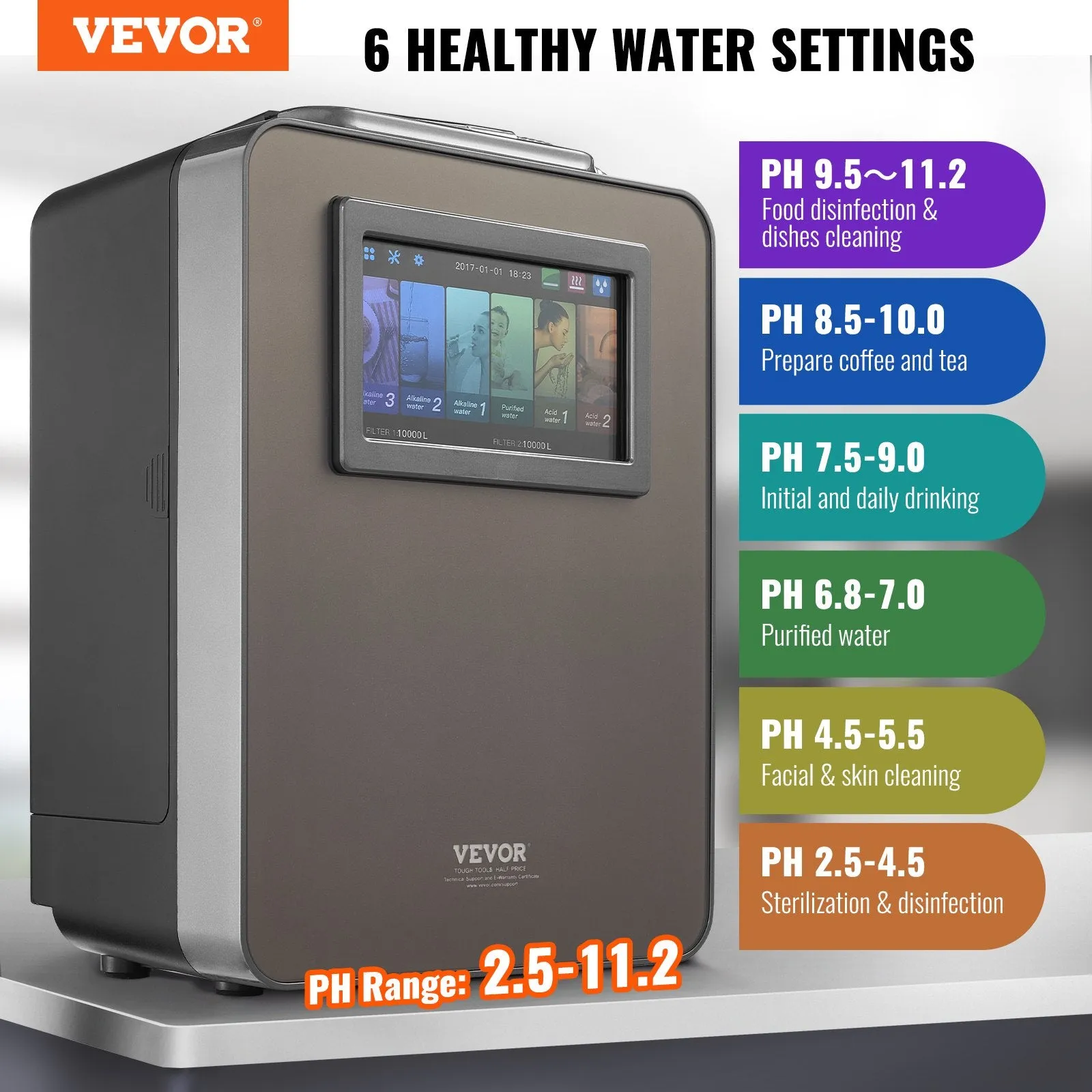 Vevor Water Ionizer Machine Home Alkaline Acidic Filtration 8 Plate 10000L Per Filter New